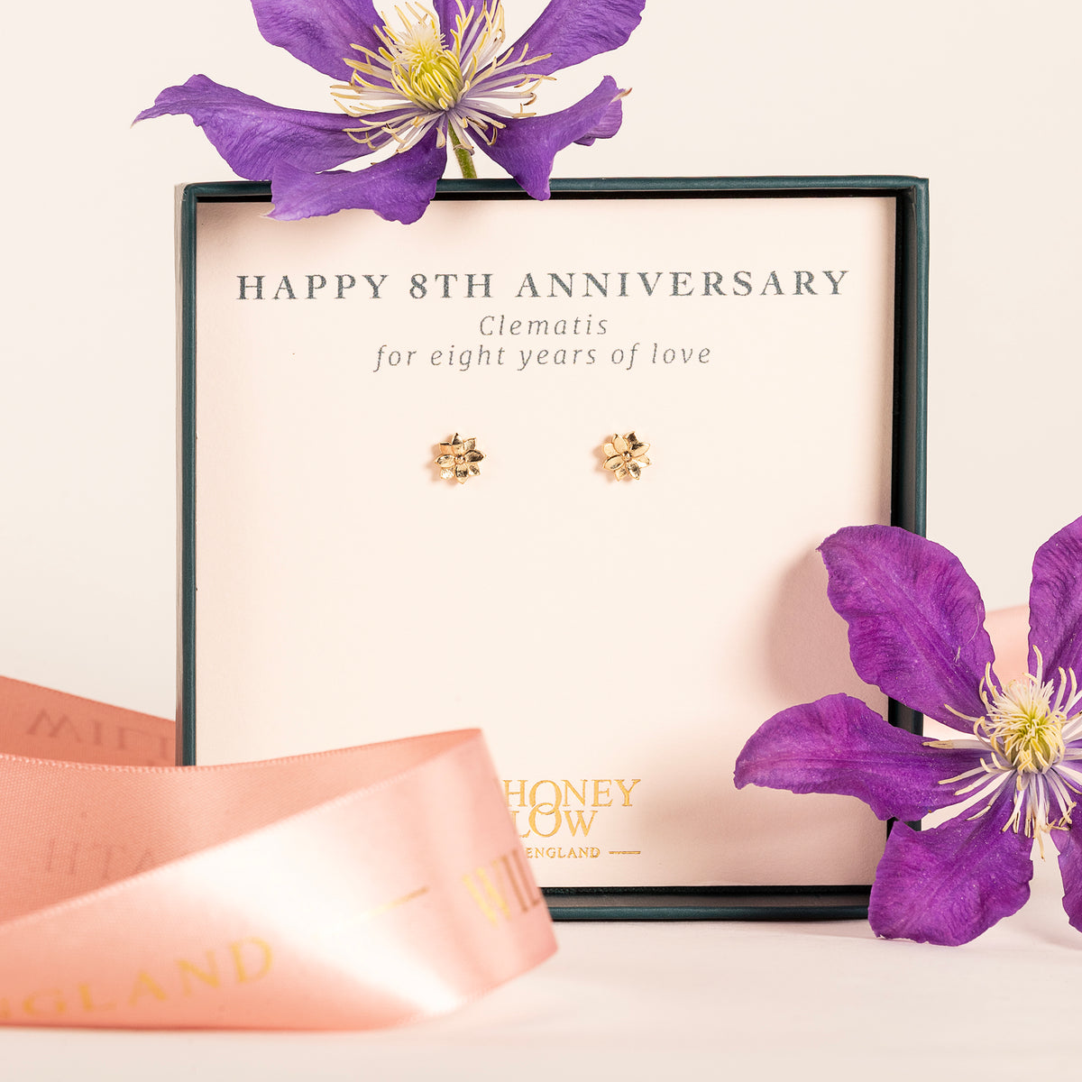 8th Anniversary Gift - Clematis Flower Stud Earrings - 9kt Gold