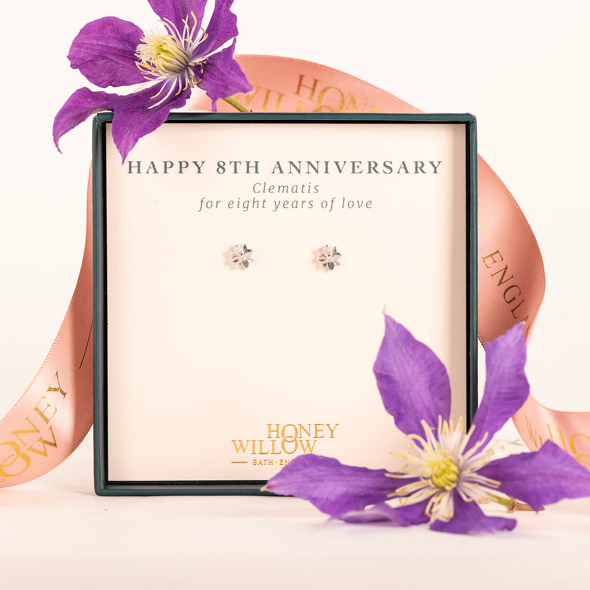 8th Anniversary Gift - Clematis Flower Stud Earrings - Silver
