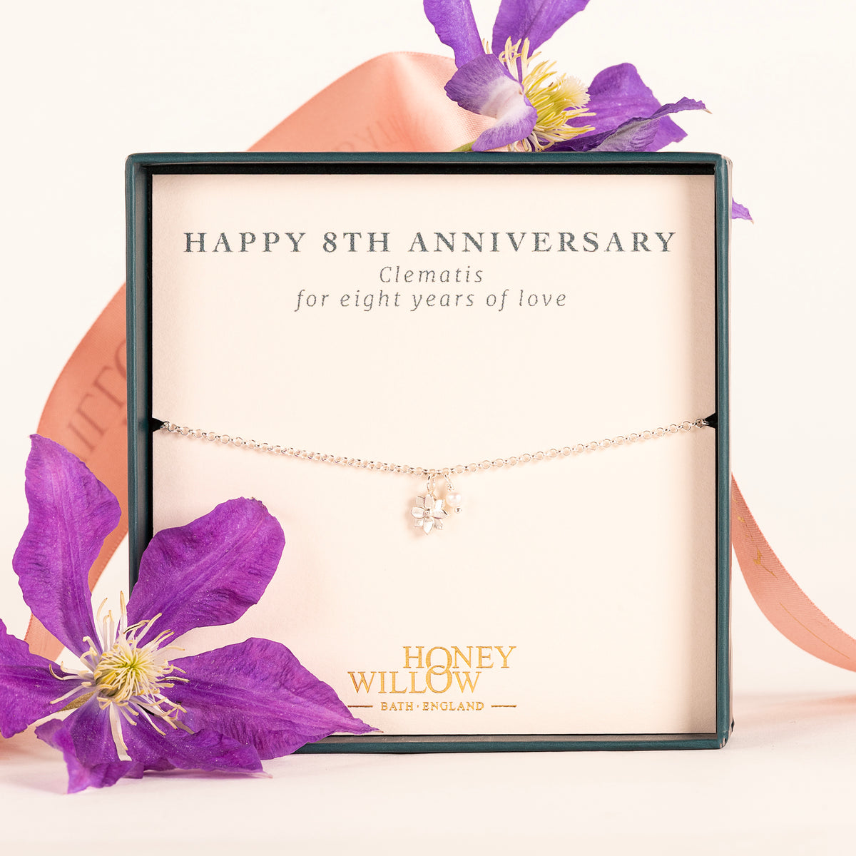 8th Anniversary Gift - Delicate Clematis Flower & Pearl Bracelet - Silver