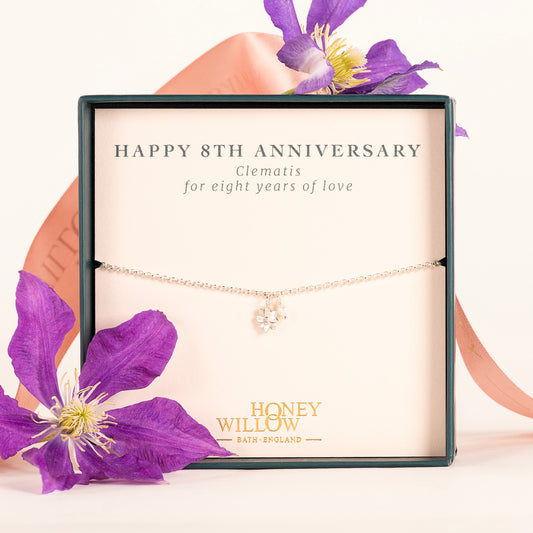 8th Anniversary Gift - Delicate Clematis Flower & Pearl Bracelet - Silver