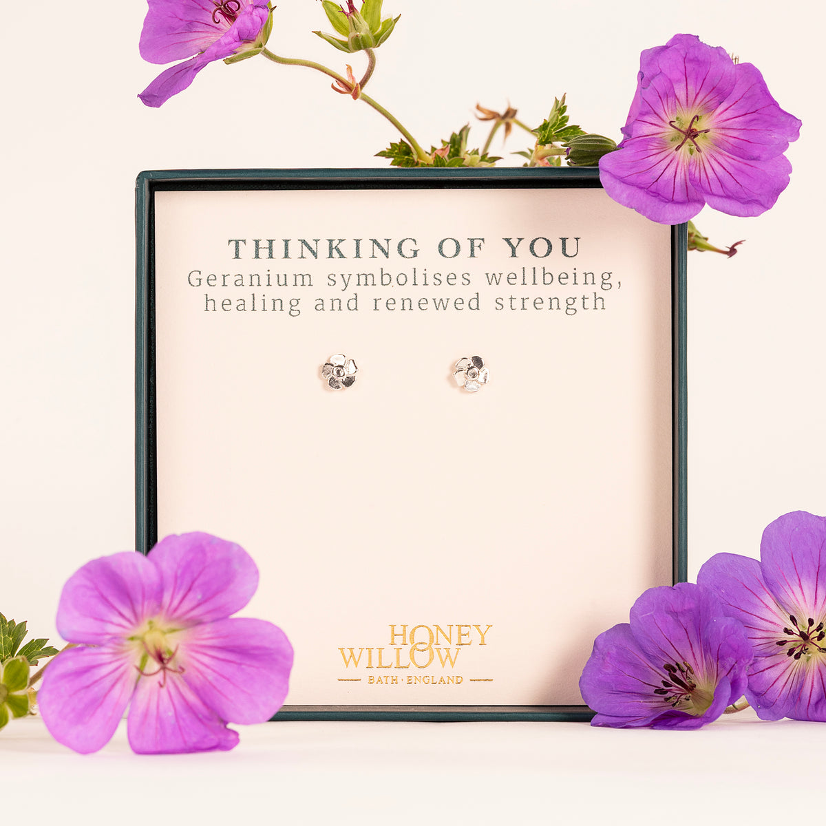 Thinking of You Gift - Geranium Flower Stud Earrings - Wellbeing - Silver