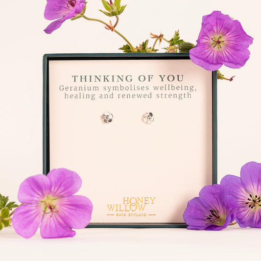 Thinking of You Gift - Geranium Flower Stud Earrings - Wellbeing - Silver