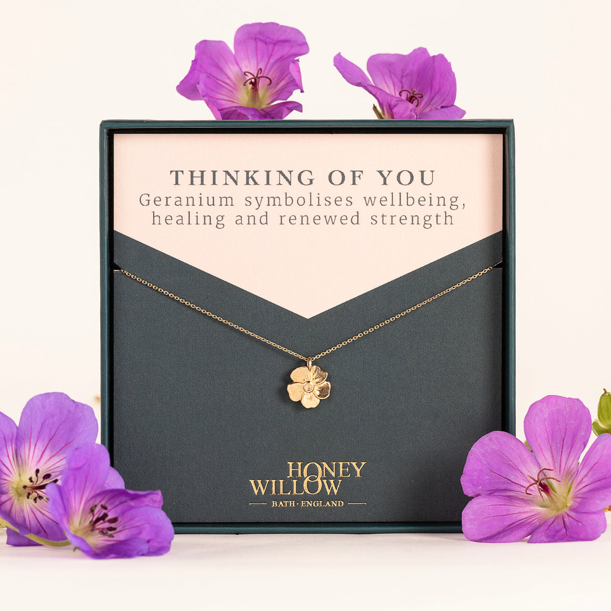 Thinking of You Gift - Geranium Necklace - Wellbeing - 9ct Gold