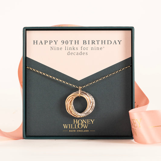 9kt Gold Personalised 90th Birthday Necklace - Hand-Stamped - The Original 9 Links for 9 Decades Necklace - Recycled Rose Gold, Recycled Yellow Gold & Silver