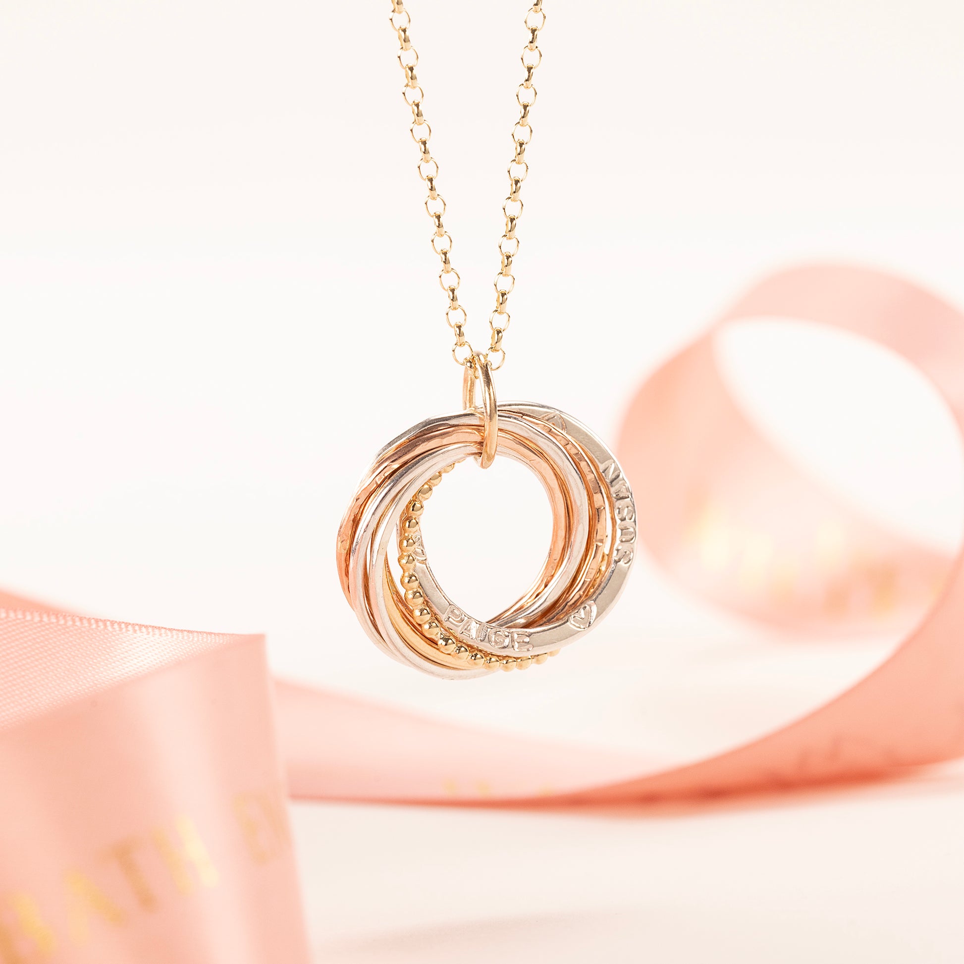 9kt Gold Personalised 90th Birthday Necklace - Hand-Stamped - The Original 9 Links for 9 Decades Necklace - Recycled Rose Gold, Recycled Yellow Gold & Silver