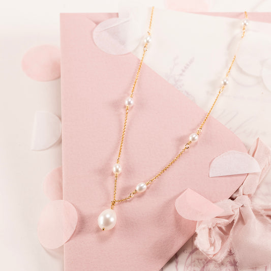Delicate Pearl V Drop Necklace - Odette - Silver & Gold