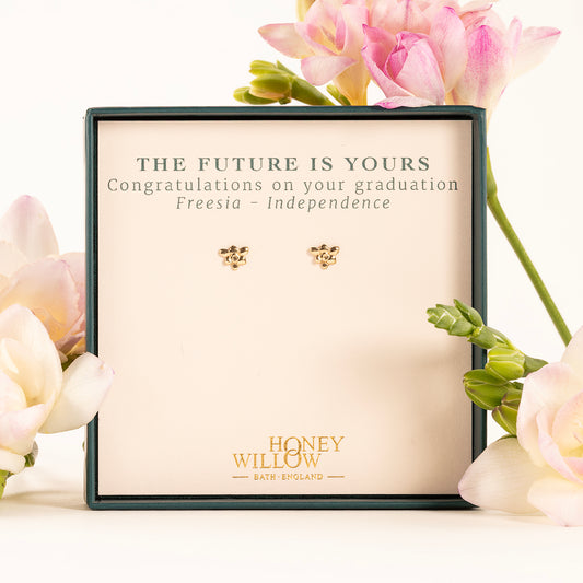 Graduation Gift - Freesia Flower Stud Earrings - Independence - 9ct Gold