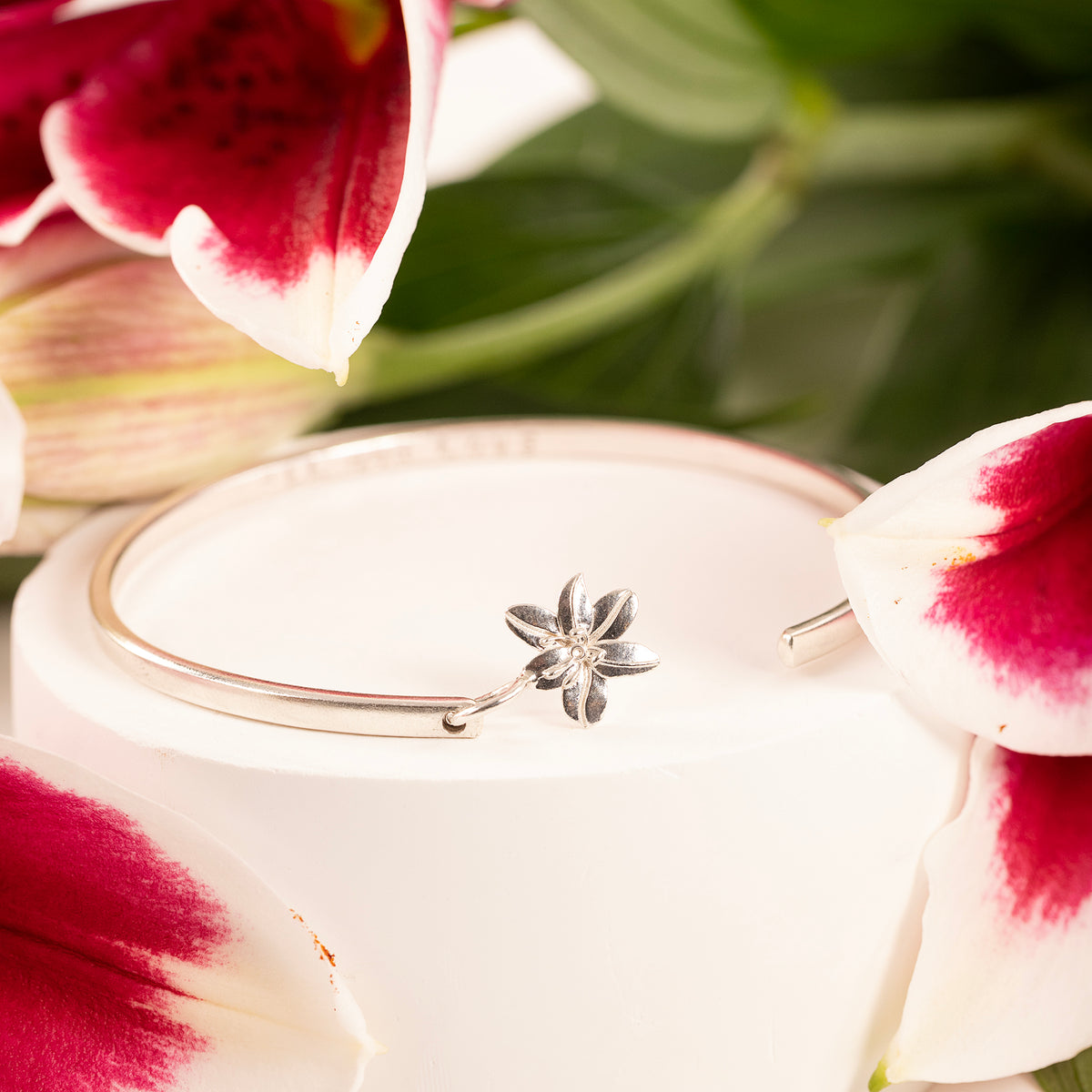 Personalised Lily Flower Open Cuff Bangle - Devotion - Silver