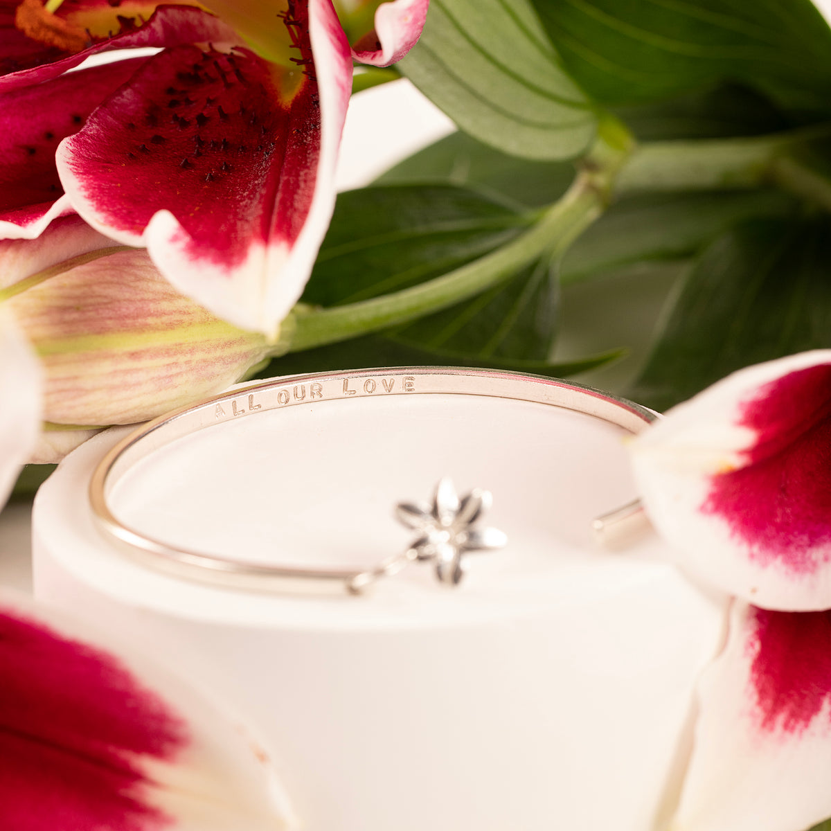 Personalised Lily Flower Open Cuff Bangle - Devotion - Silver