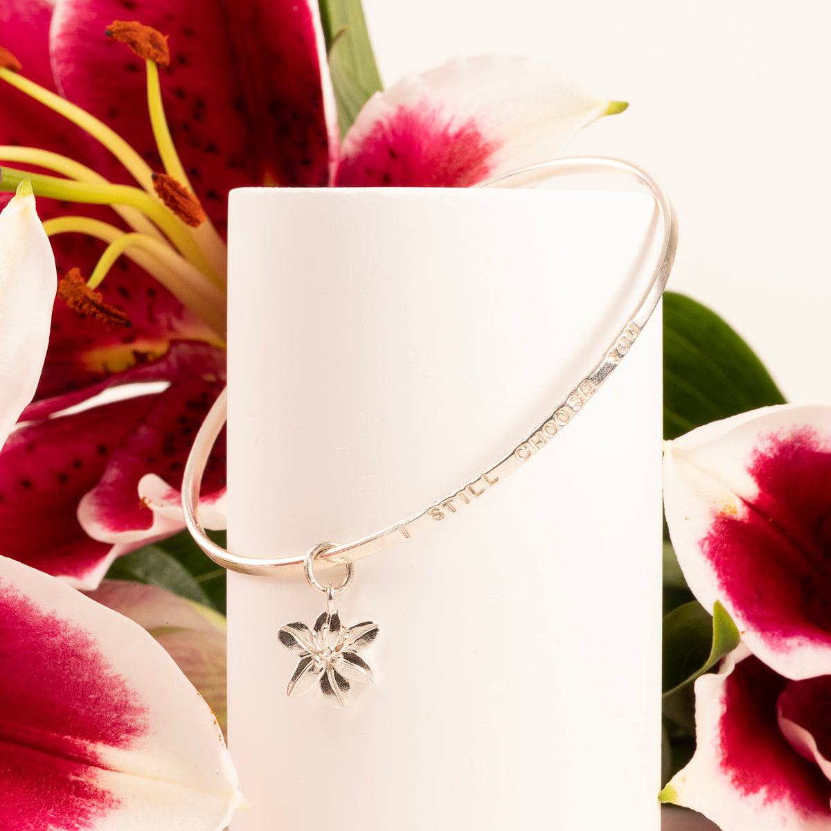 Personalised Lily Flower Bangle - Devotion - Silver