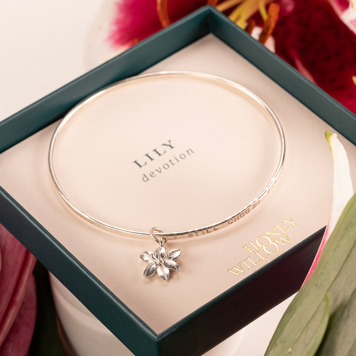 Personalised Lily Flower Bangle - Devotion - Silver