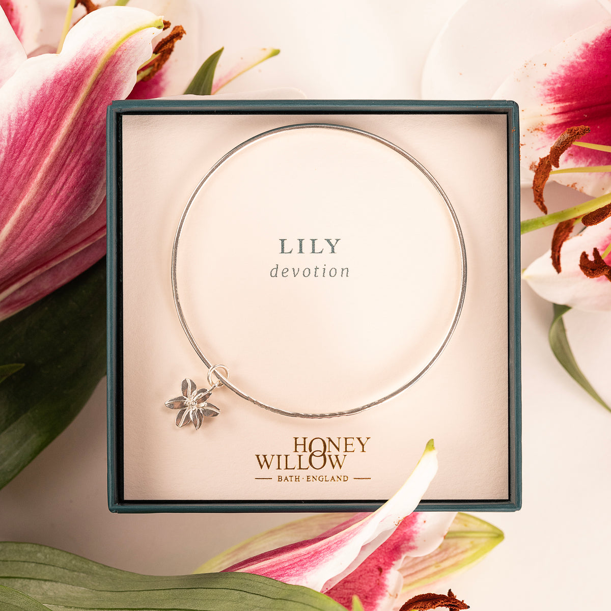 Personalised Lily Flower Bangle - Devotion - Silver