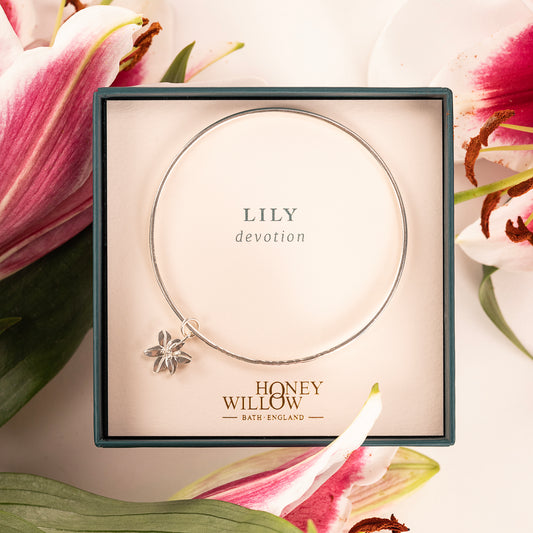 Personalised Lily Flower Bangle - Devotion - Silver