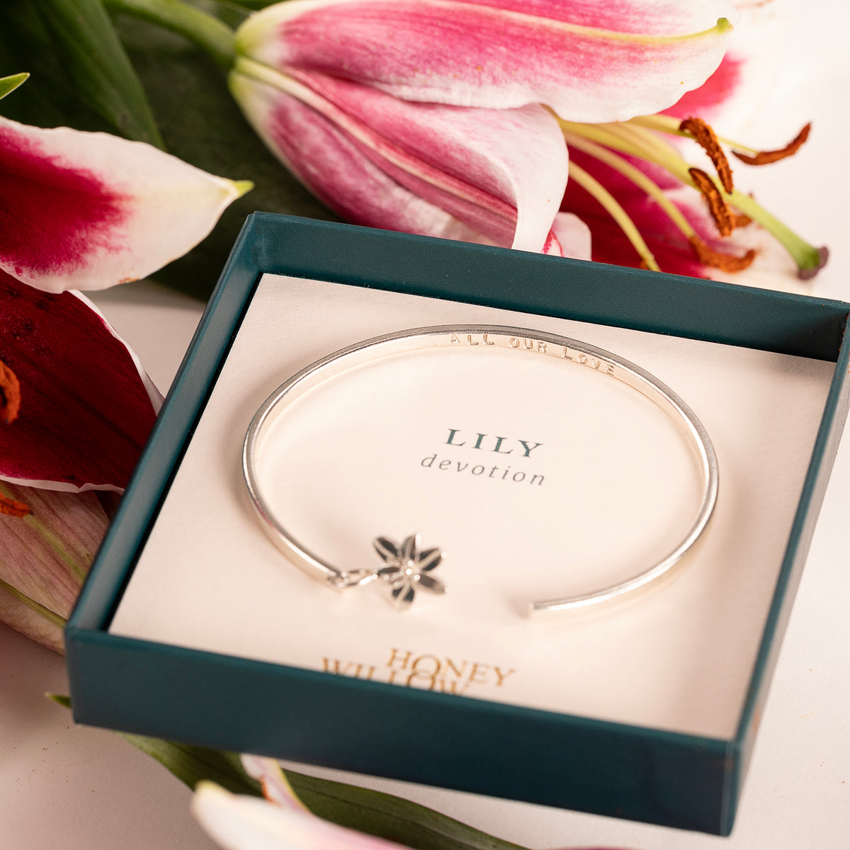 Personalised Lily Flower Open Cuff Bangle - Devotion - Silver