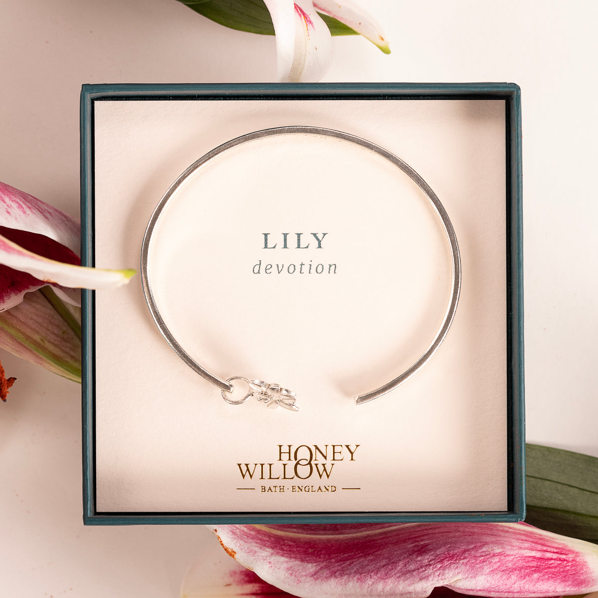 Personalised Lily Flower Open Cuff Bangle - Devotion - Silver