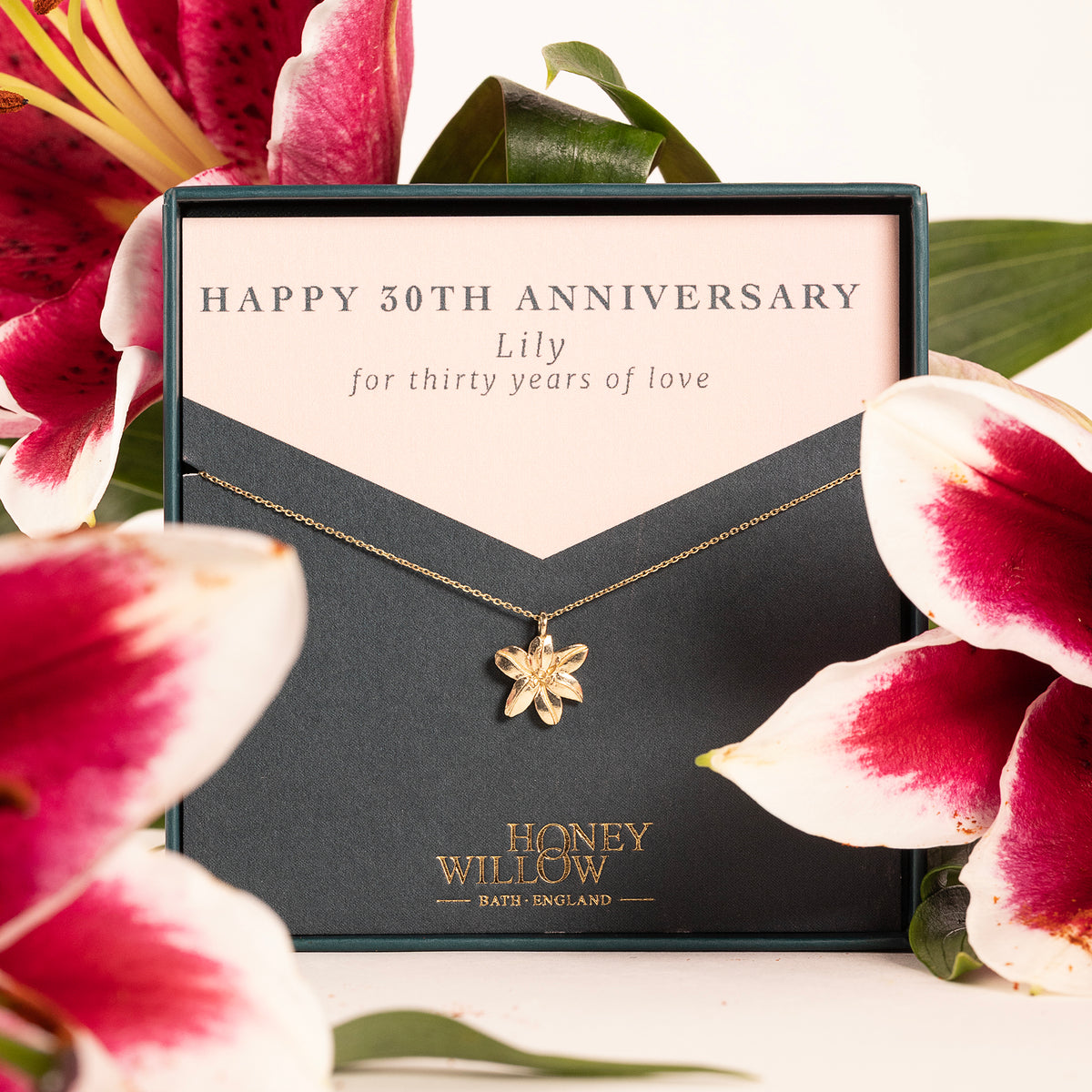 30th Anniversary Gift - Lily Flower Necklace - 9ct Gold