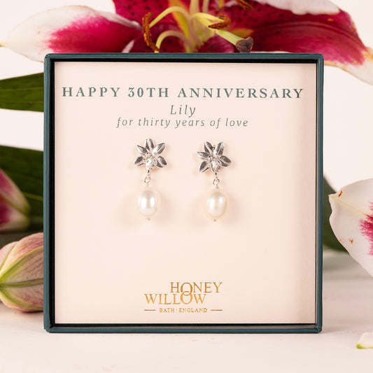 30th Anniversary Gift - Lily Flower Earrings - Silver & Pearl