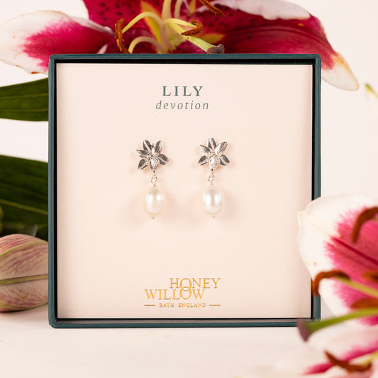 Lily Flower & Pearl Earrings - Devotion - Silver
