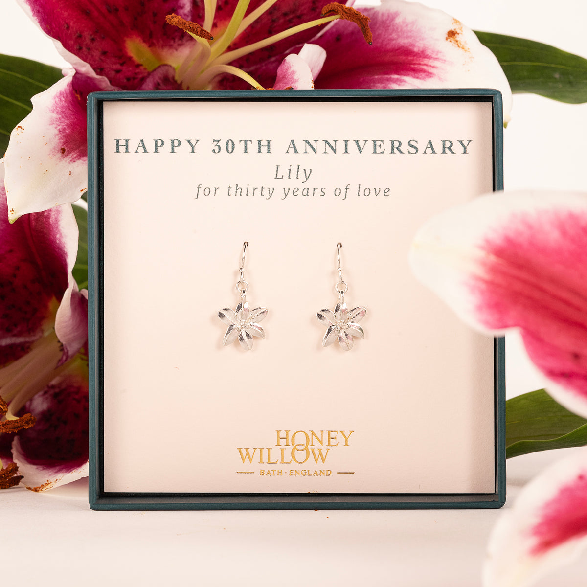 30th Anniversary Gift - Lily Flower Earrings - Silver