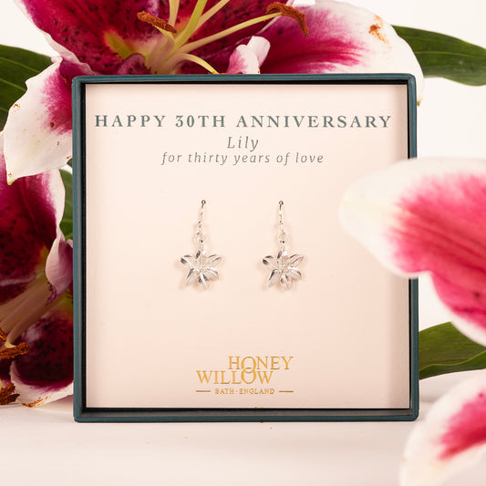 30th Anniversary Gift - Lily Flower Earrings - Silver