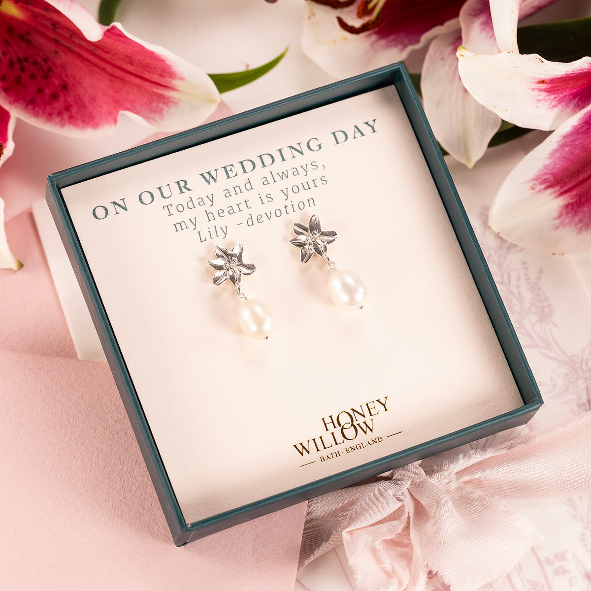 Wedding Day Gift for Bride - Lily Flower & Pearl Earrings - Devotion - Silver