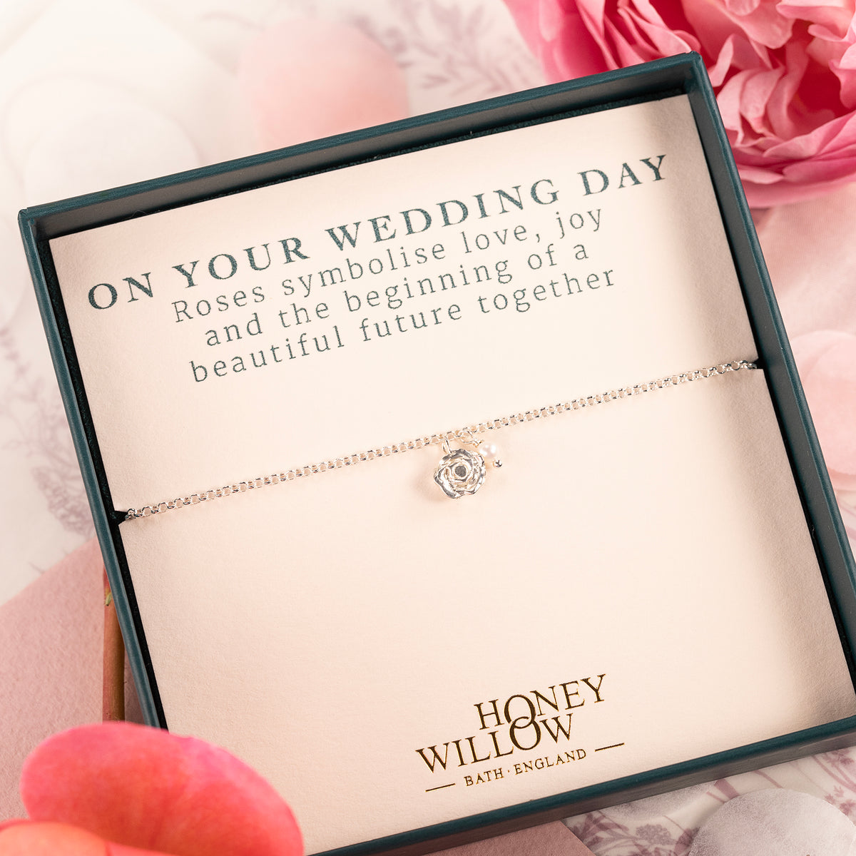 Wedding Day Gift for Bride - Rose Bracelet - Love - Silver & Pearl