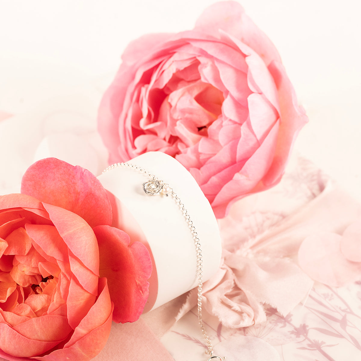 Wedding Day Gift for Bride - Rose Bracelet - Love - Silver & Pearl