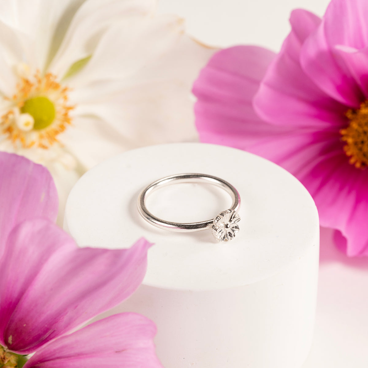 Cosmos Flower Ring - October Birth Flower - Silver