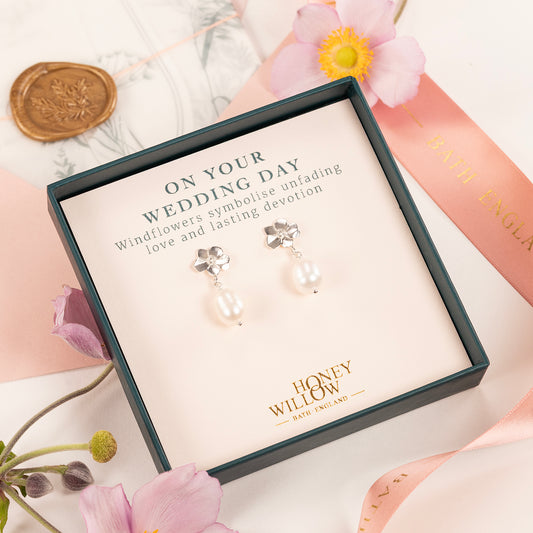 Wedding Day Gift for Bride - Windflower Earrings - Unfading Love - Silver & Pearl