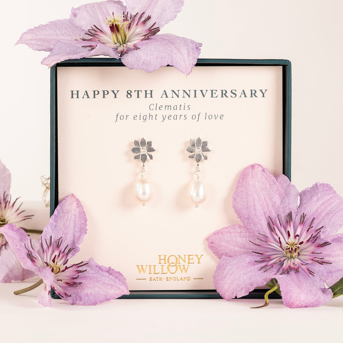 8th Anniversary Gift - Clematis Flower Earrings - Silver & Pearl