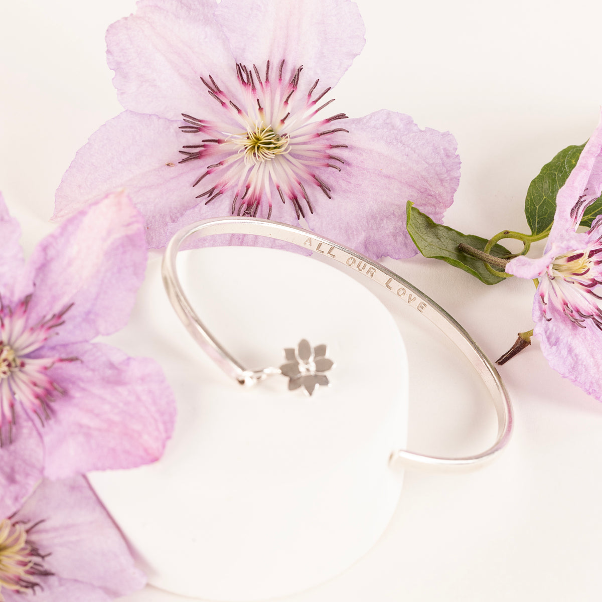 Personalised Clematis Flower Open Cuff Bangle - Creativity - Silver