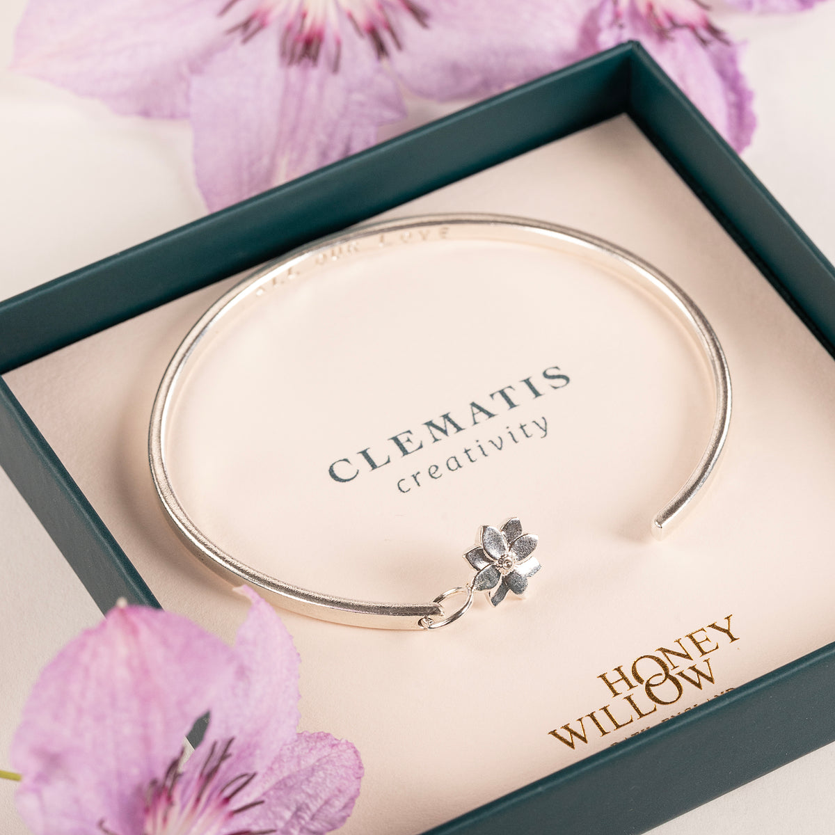 Personalised Clematis Flower Open Cuff Bangle - Creativity - Silver