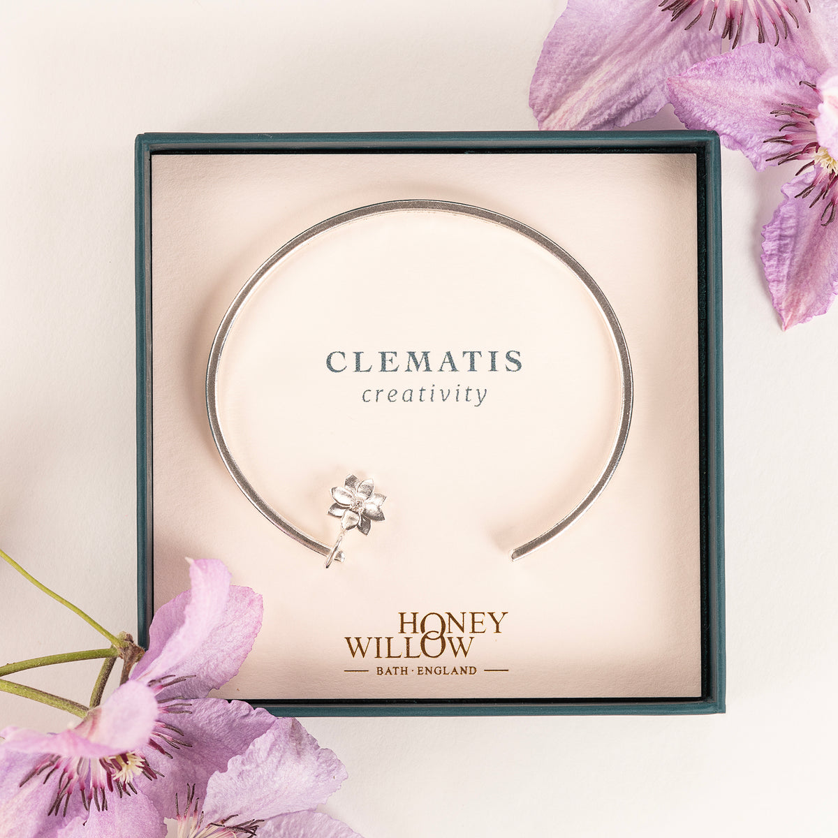 Personalised Clematis Flower Open Cuff Bangle - Creativity - Silver