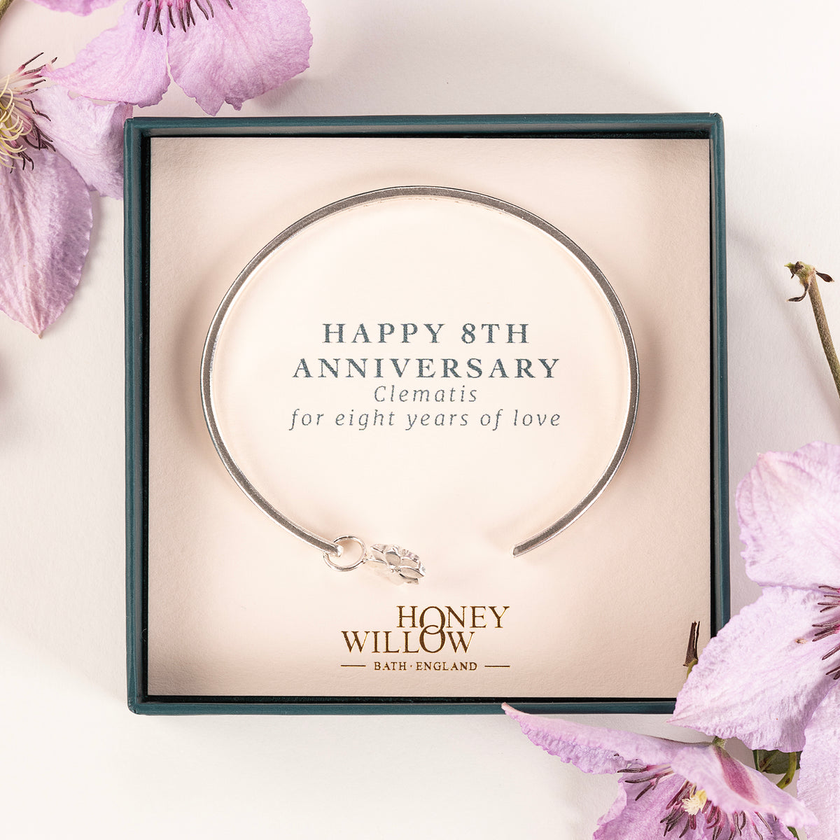 8th Anniversary Gift - Personalised Clematis Flower Open Cuff Bangle - Silver