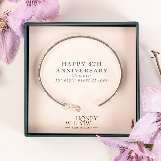 8th Anniversary Gift - Personalised Clematis Flower Open Cuff Bangle - Silver