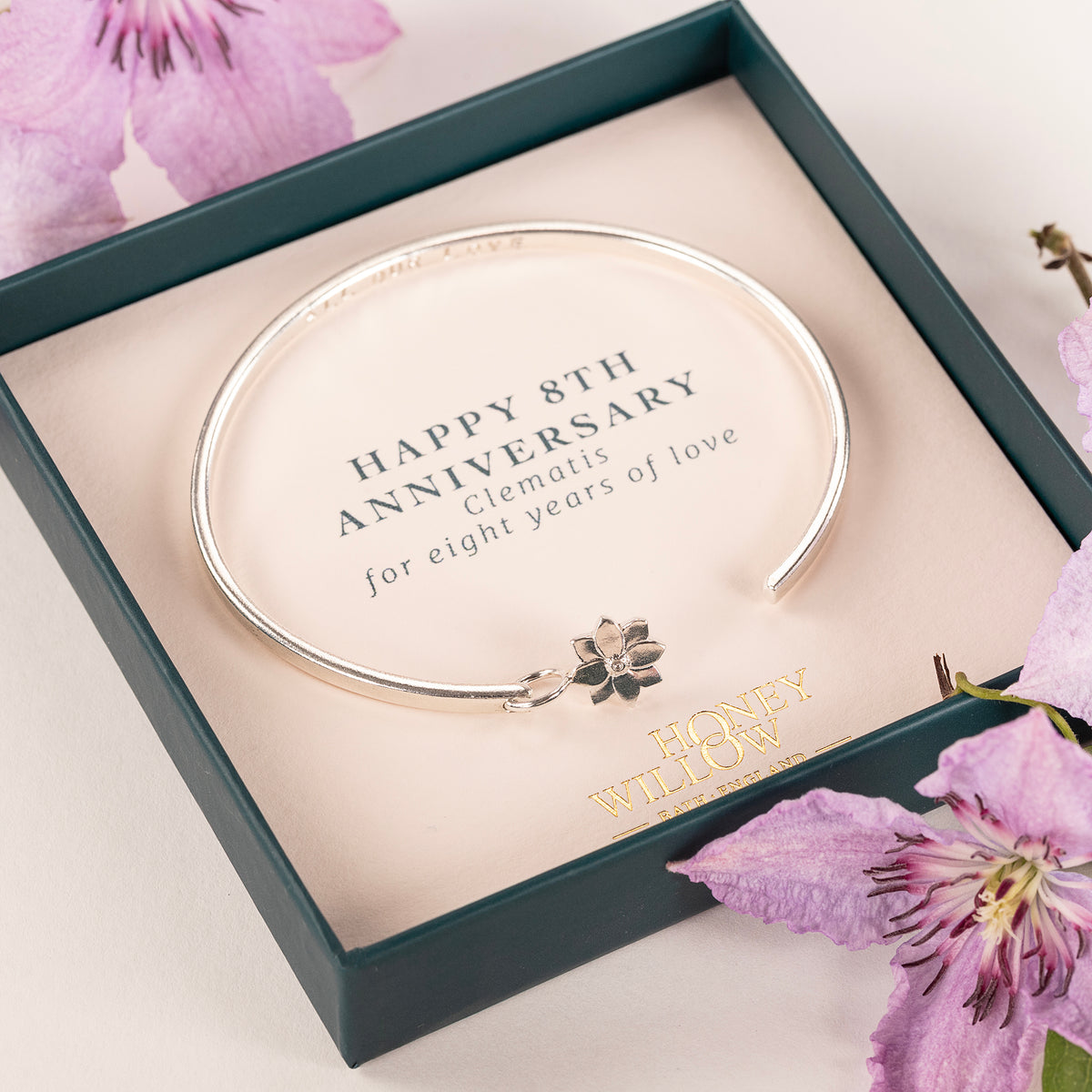 8th Anniversary Gift - Personalised Clematis Flower Open Cuff Bangle - Silver