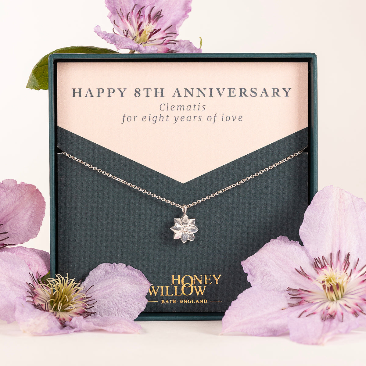 8th Anniversary Gift - Clematis Flower Necklace - Silver