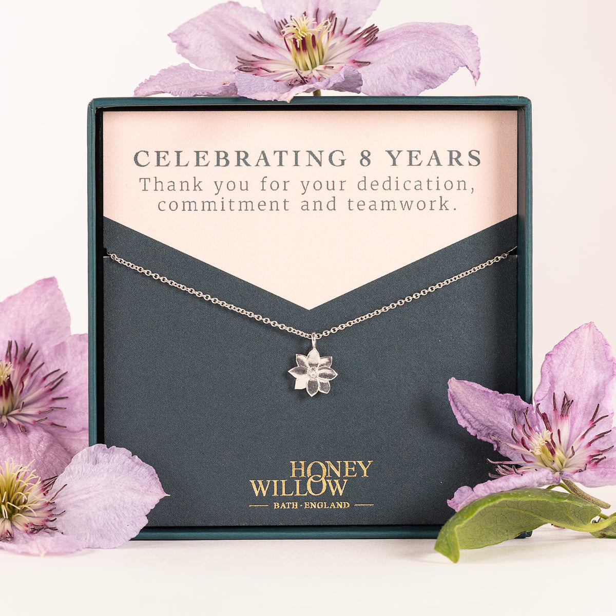 8 Year Work Anniversary Gift - Clematis Flower Necklace - Silver