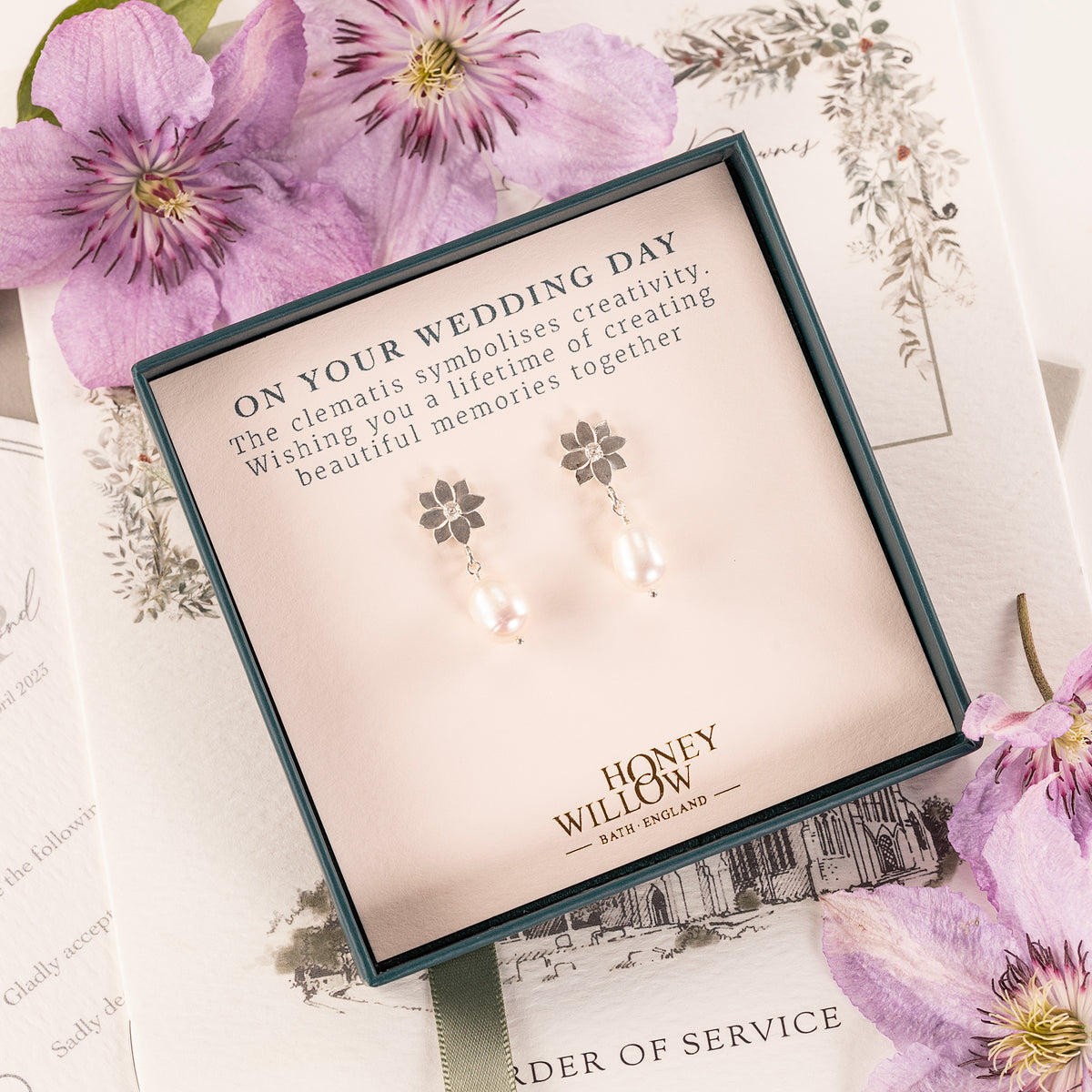 Wedding Day Gift for Bride - Clematis Flower & Pearl Earrings - Creativity - Silver