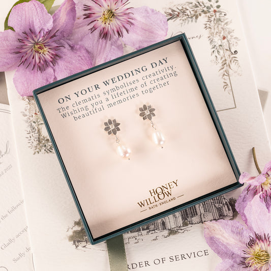 Wedding Day Gift for Bride - Clematis Flower & Pearl Earrings - Creativity - Silver