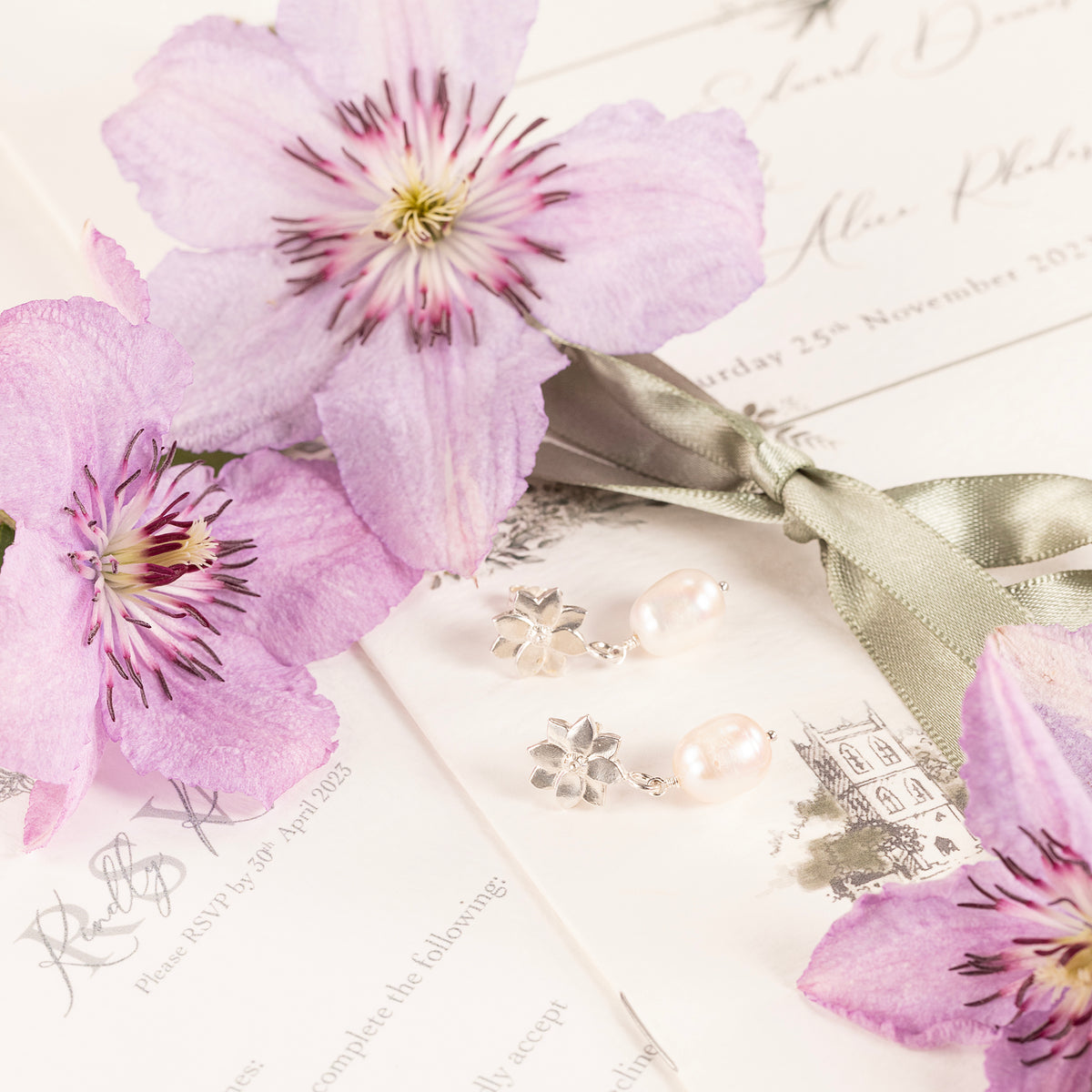 Wedding Day Gift for Bride - Clematis Flower & Pearl Earrings - Creativity - Silver