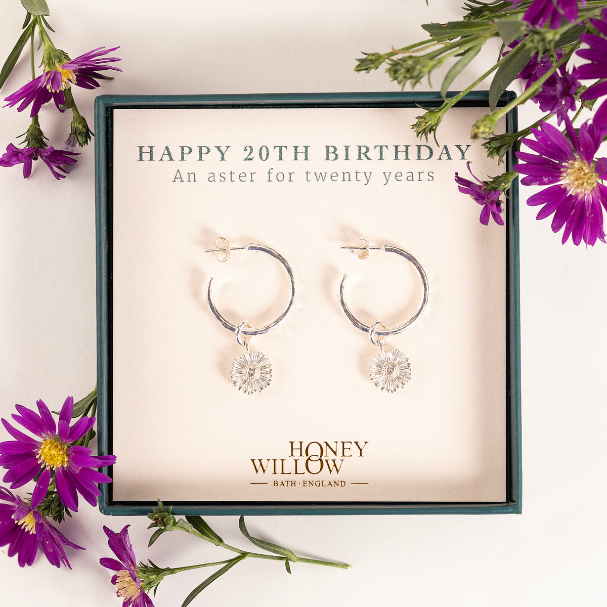 20th Birthday Gift - Aster Flower Hoop Earrings - Silver - 2cm