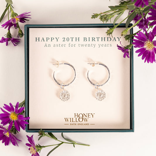 20th Birthday Gift - Aster Flower Hoop Earrings - Silver - 2cm