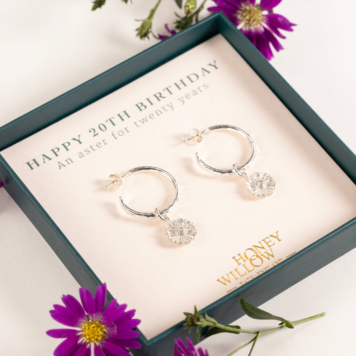 20th Birthday Gift - Aster Flower Hoop Earrings - Silver - 2cm