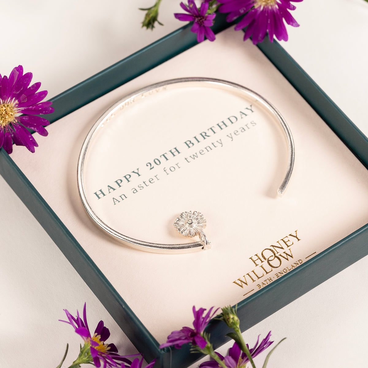 20th Birthday Gift - Personalised Aster Flower Open Cuff Bangle - Silver