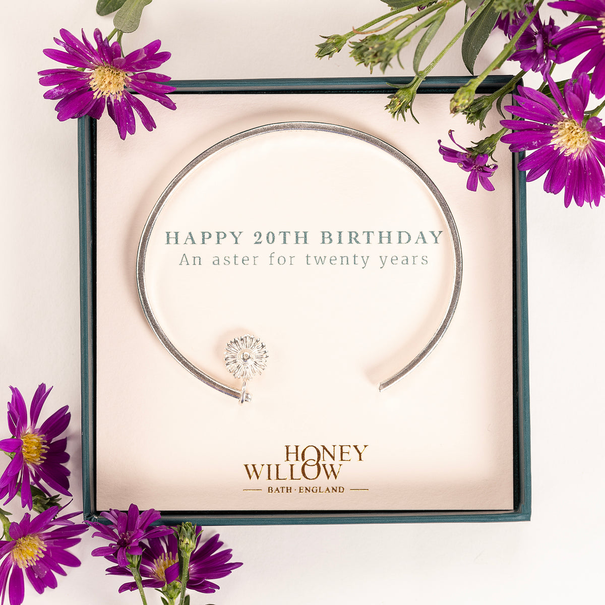 20th Birthday Gift - Personalised Aster Flower Open Cuff Bangle - Silver