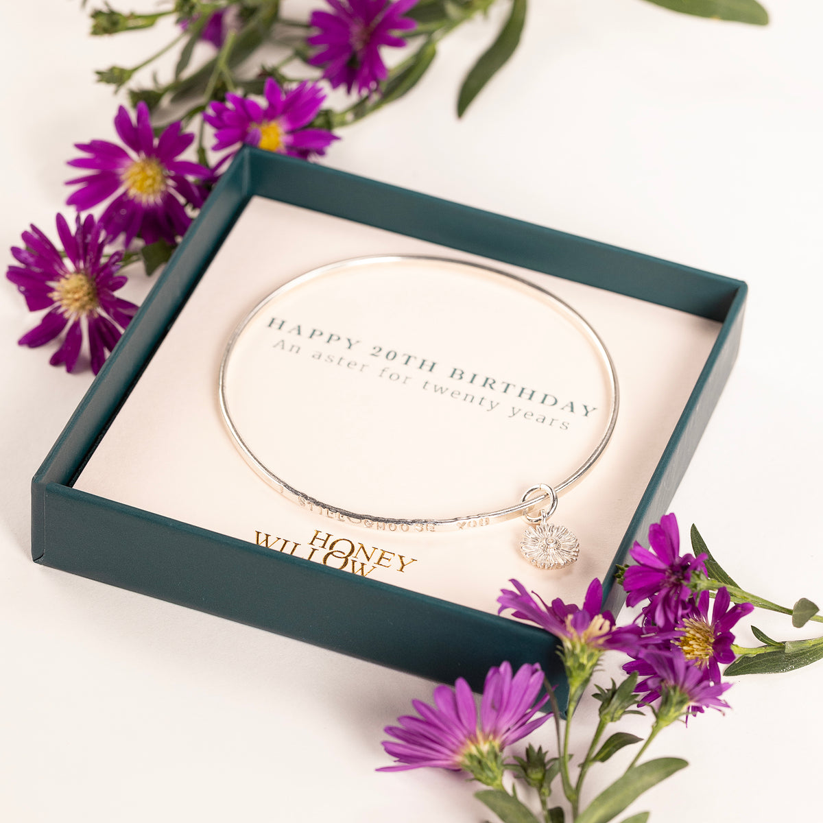 20th Birthday Gift - Personalised Aster Flower Bangle - Silver