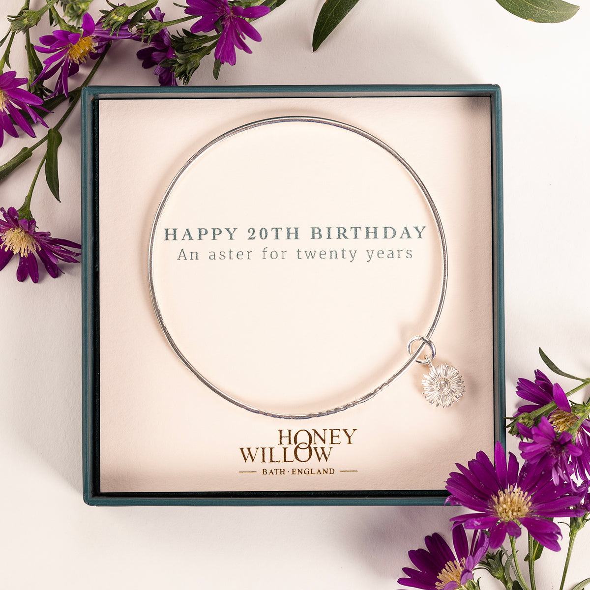 20th Birthday Gift - Personalised Aster Flower Bangle - Silver
