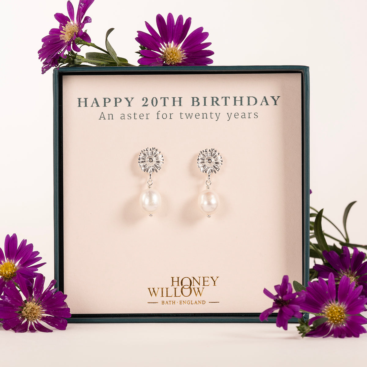 20th Birthday Gift - Aster Flower & Pearl Earrings - Silver