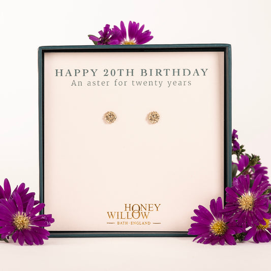 20th Birthday Gift - Aster Flower Stud Earrings - 9ct Gold